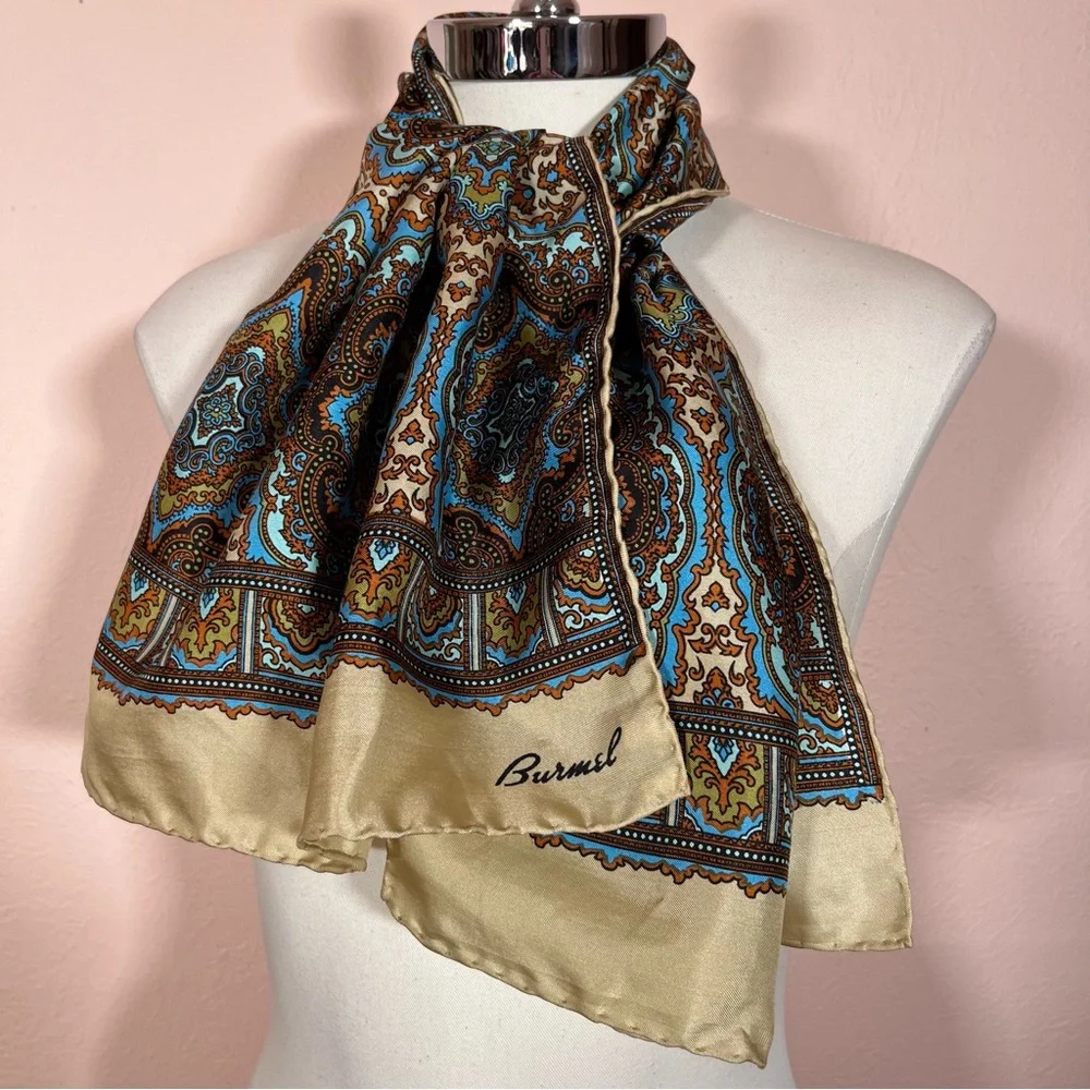 Vintage 1960 70 Burmel Mod Camel Brown blue Silk Made in Italy long Skinny Scarf